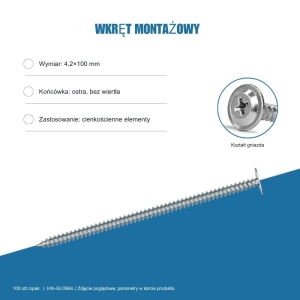 Wkręt montażowy Info-GLOBAL MC 4,2×100 mm, ocynk bez lakieru, 100 szt. Wkręt montażowy Info-GLOBAL MC 4,2×100 mm, ocynk bez lakieru, 100 szt.